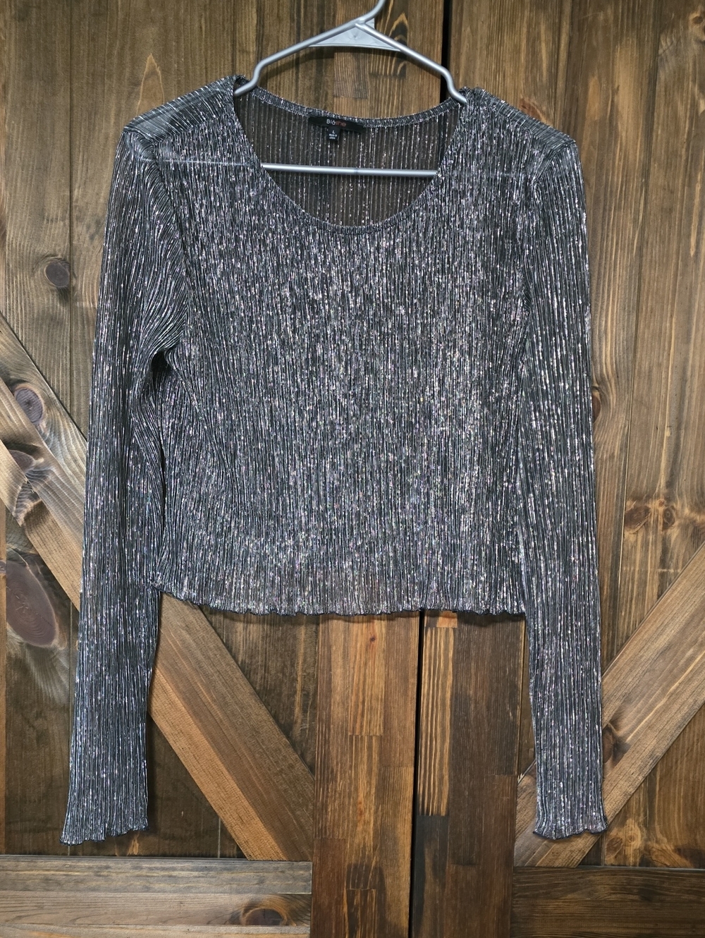 Ribbed Metallic Long-Sleeve Crop Top - Silver